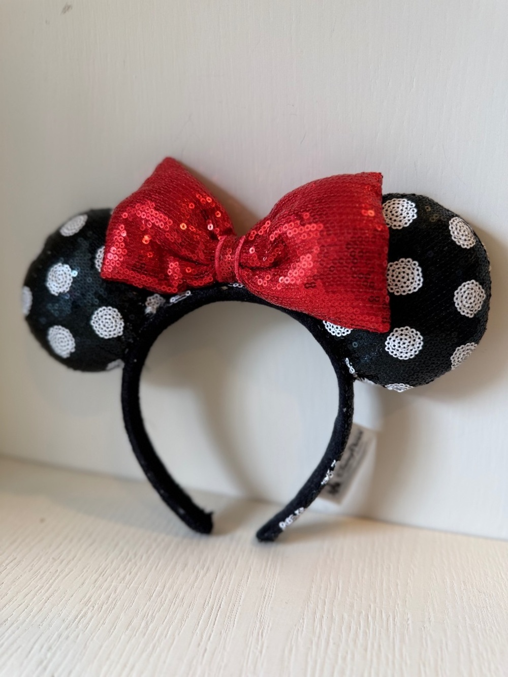 Disney Parks Minnie Mouse Sequin Ears Red Bow Polka Dot Headband
